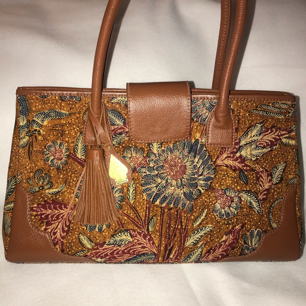 Brand new brown leather ethnic Batik Tote Bag - Picture 1 of 8